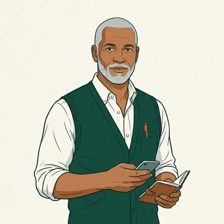 Sterling, the Ask Sterling guide character: an illustrated man with silver hair in a green vest